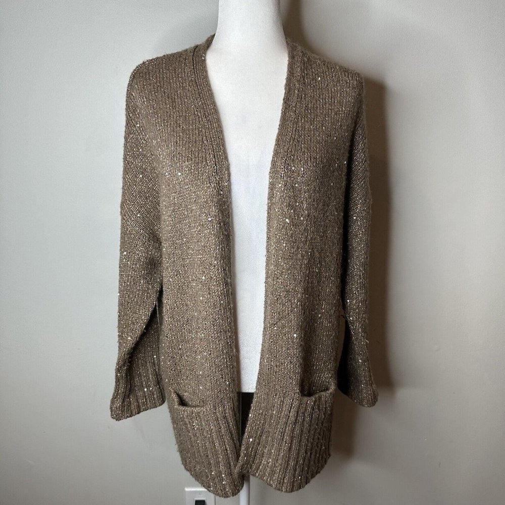 J. Jill Brown Tan Sparkle Wool Blend Long Sleeve Open Long Cardigan Sweater Sz M